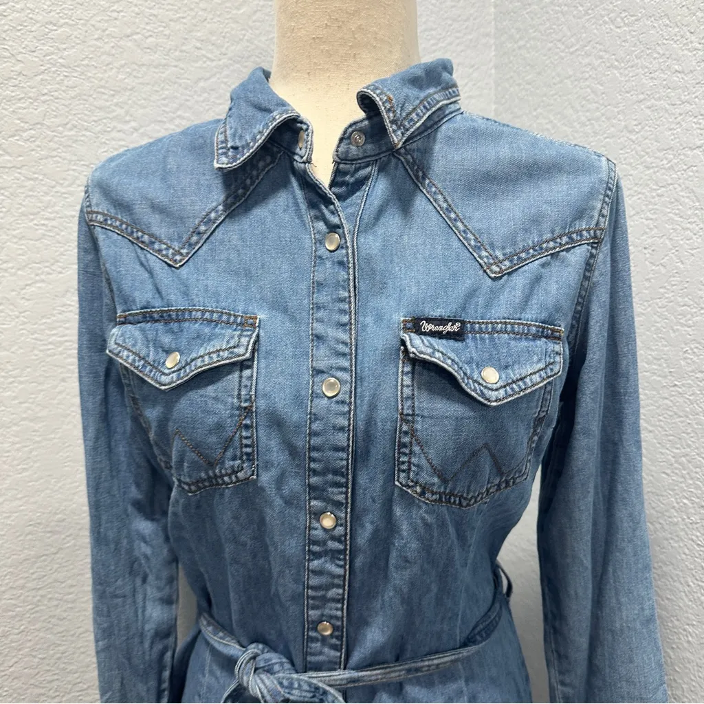 Wrangler Retro Size Small Women's Blue Roll Tab Sleeves Belted Denim Shirt Dress - Image 3