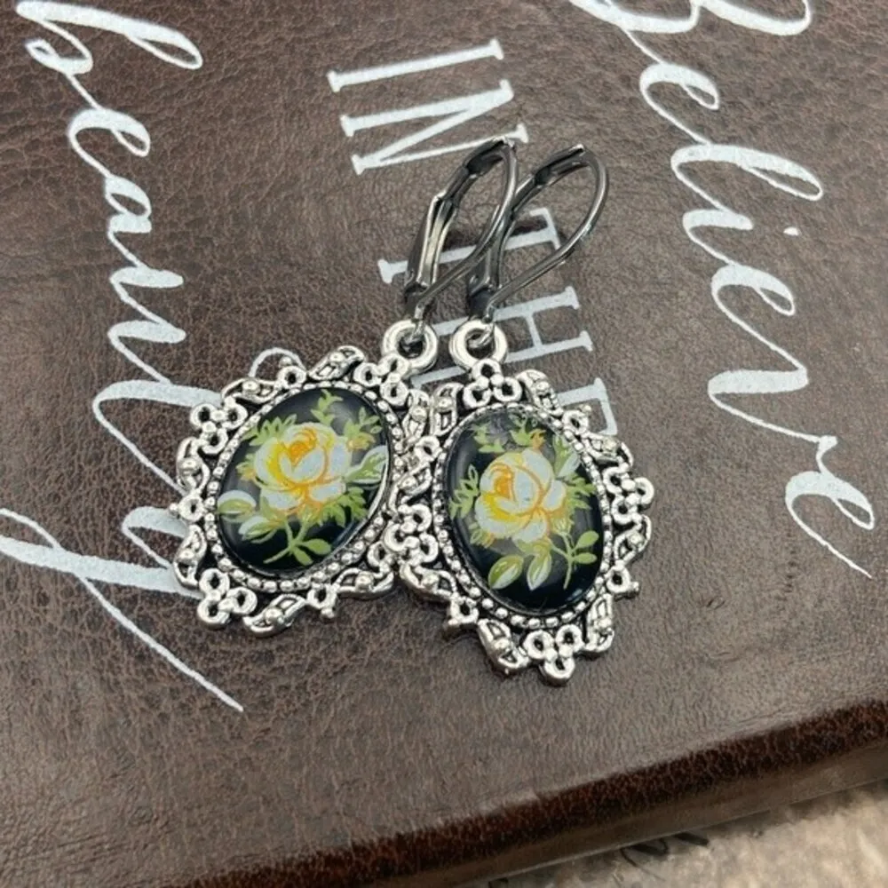Yellow Rose Floral Cameo Earrings Stainless Steel Handmade Vintage Cabochon Black - Image 9