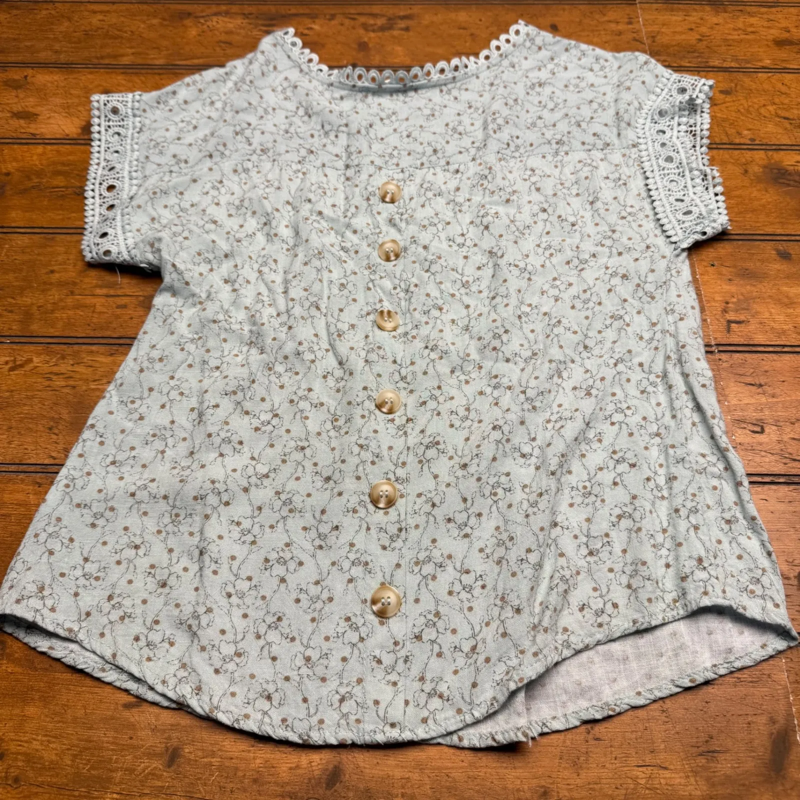 MINE Light Blue Floral Lace Trim Short Sleeve Tunic Top Women's Size S - Image 5