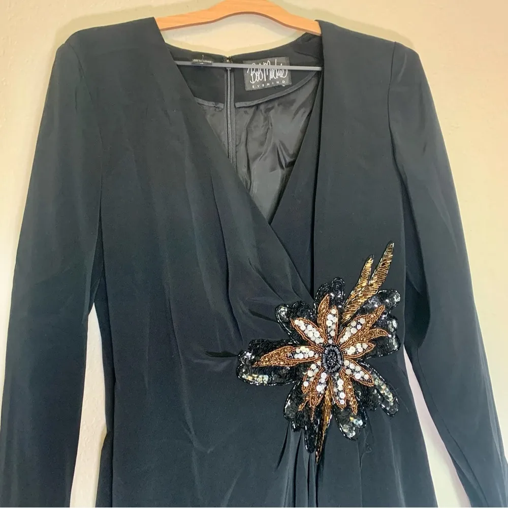 Bob Mackie Black Faux Wrap Sequin Evening Dress Long Sleeve V Neck 12 Vintage - Image 4