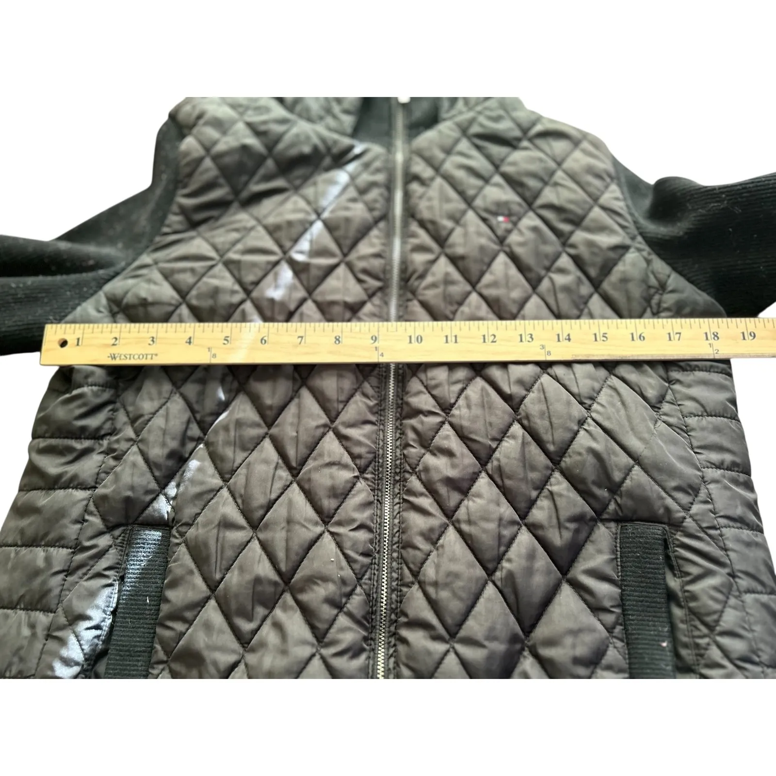 Tommy Hilfiger Quilted Hooded Jacket Black Knit‎ Sleeve Womens Large L - Image 11