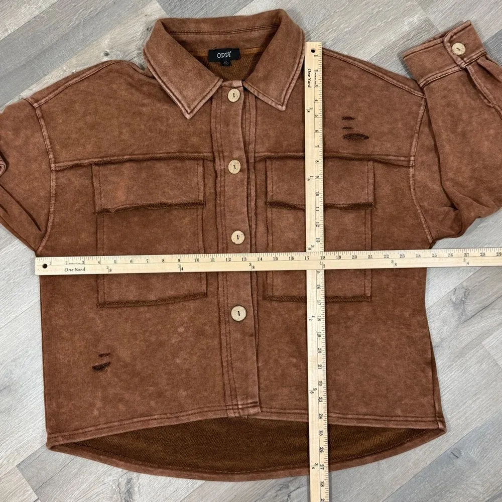 Oddy Distressed Jersey Knit Shacket Cropped Brown‎ Medium Large Brown - Image 12