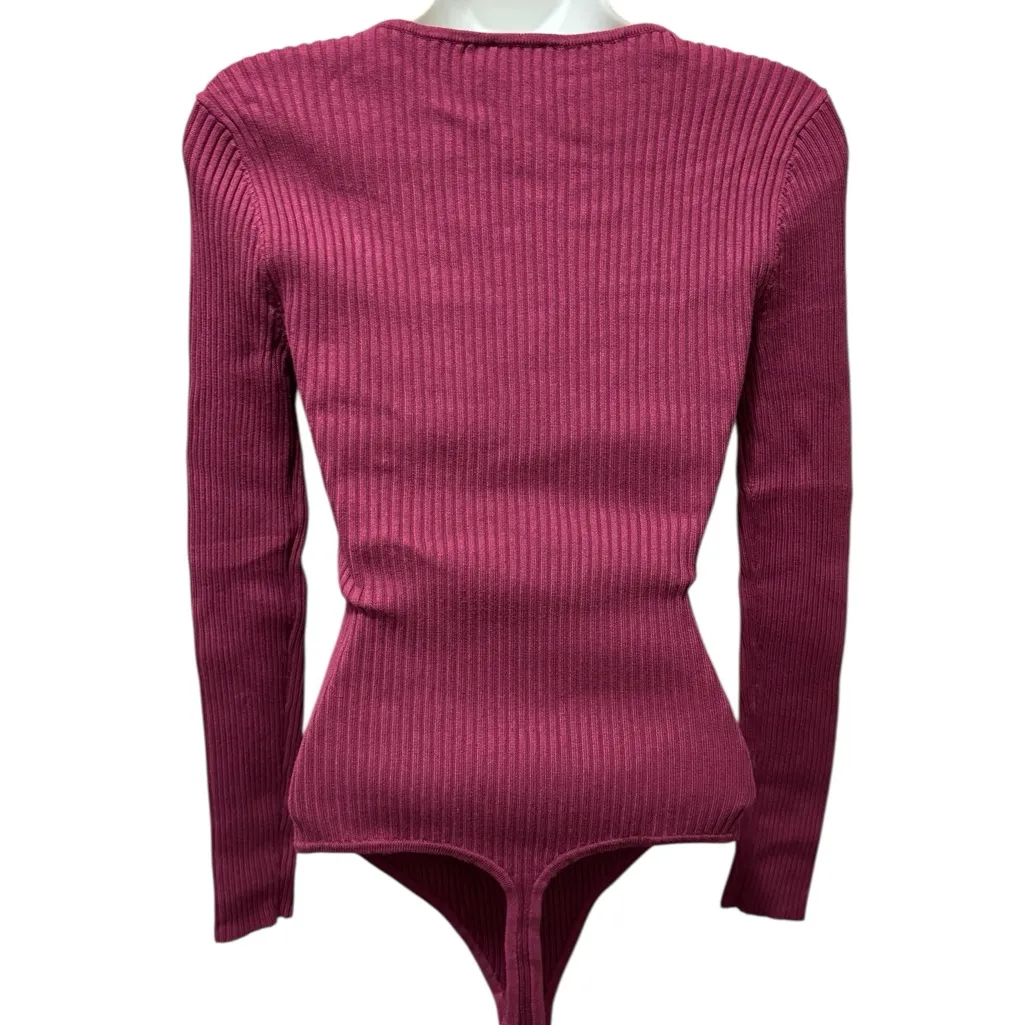 Abercrombie & Fitch Fuchsia Rib Knit Sweater Bodysuit Sz M  LS Clean Girl Casual - Image 3
