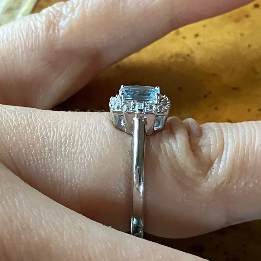 Natural Aquamarine Sterling Silver Halo Ring Size 6 - Image 3