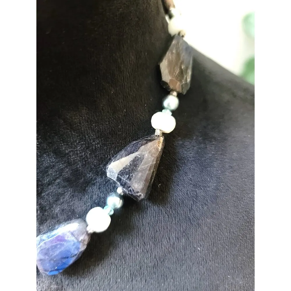 Women's Chunky Labradorite Pearl Necklace Lobster Clasp Sea Shell Pendant Gold - Image 2