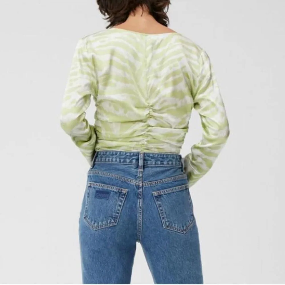 Ganni Zebra Stripe Organic Silk Stretch Ruched Blouse Green 36/S Margarita - Image 2