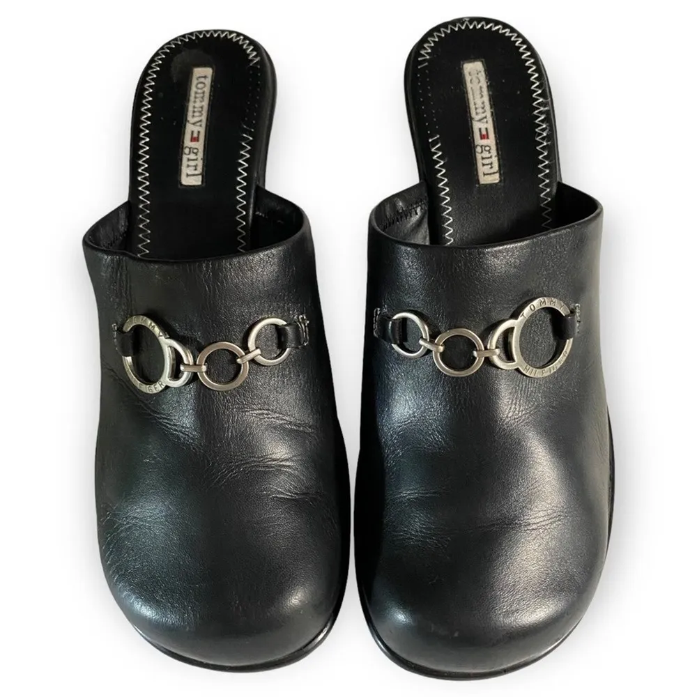 Vintage Y2K Tommy Hilfiger Girl Black Leather Wedge Mules - Image 4