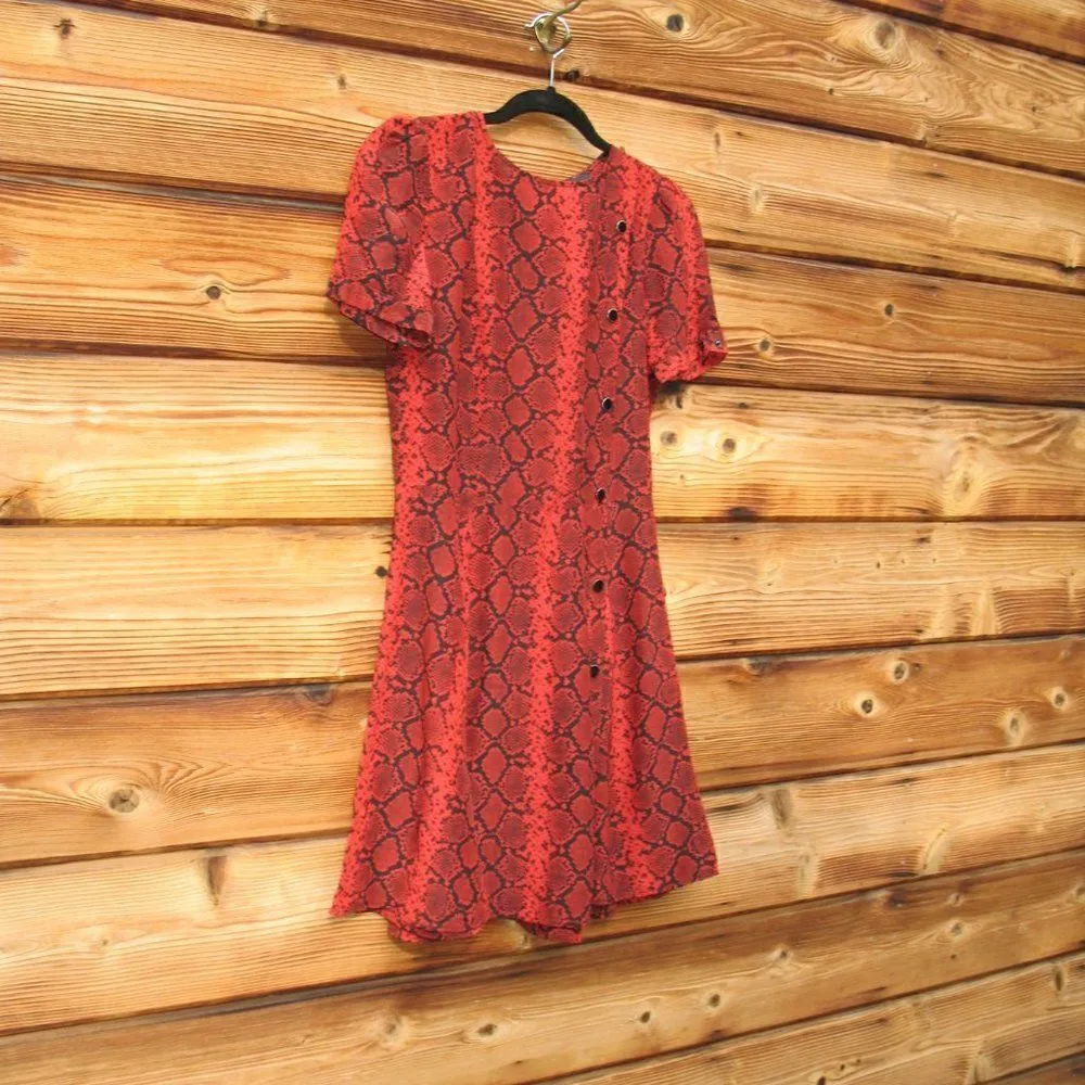 Red Black Python Snake Print Silk Blend Fit and Flare Dress - Image 5