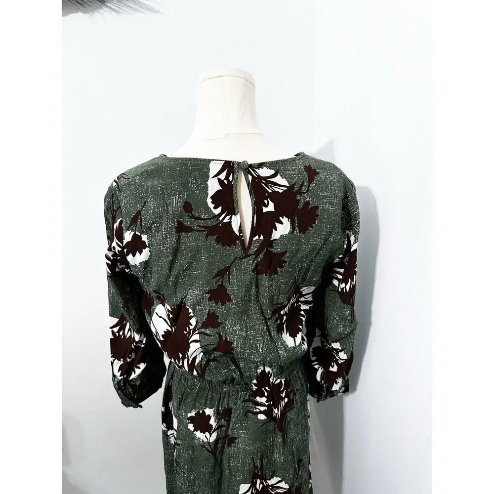 Boden Jodie Floral 3/4 Sleeve Knee Length Dress Women's Sz 8L Green Elastic Boho - Image 4