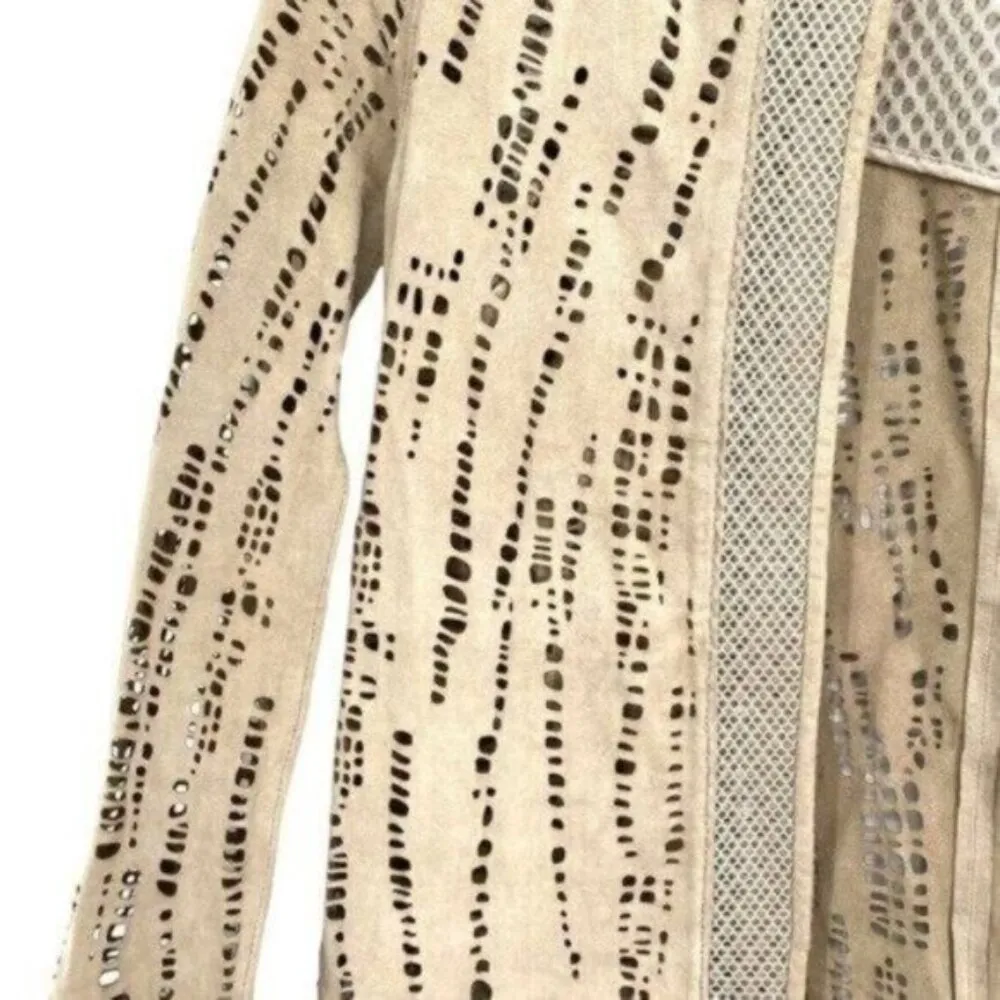 Lamb Suede Leather Mesh Open Front Jacket - Image 2