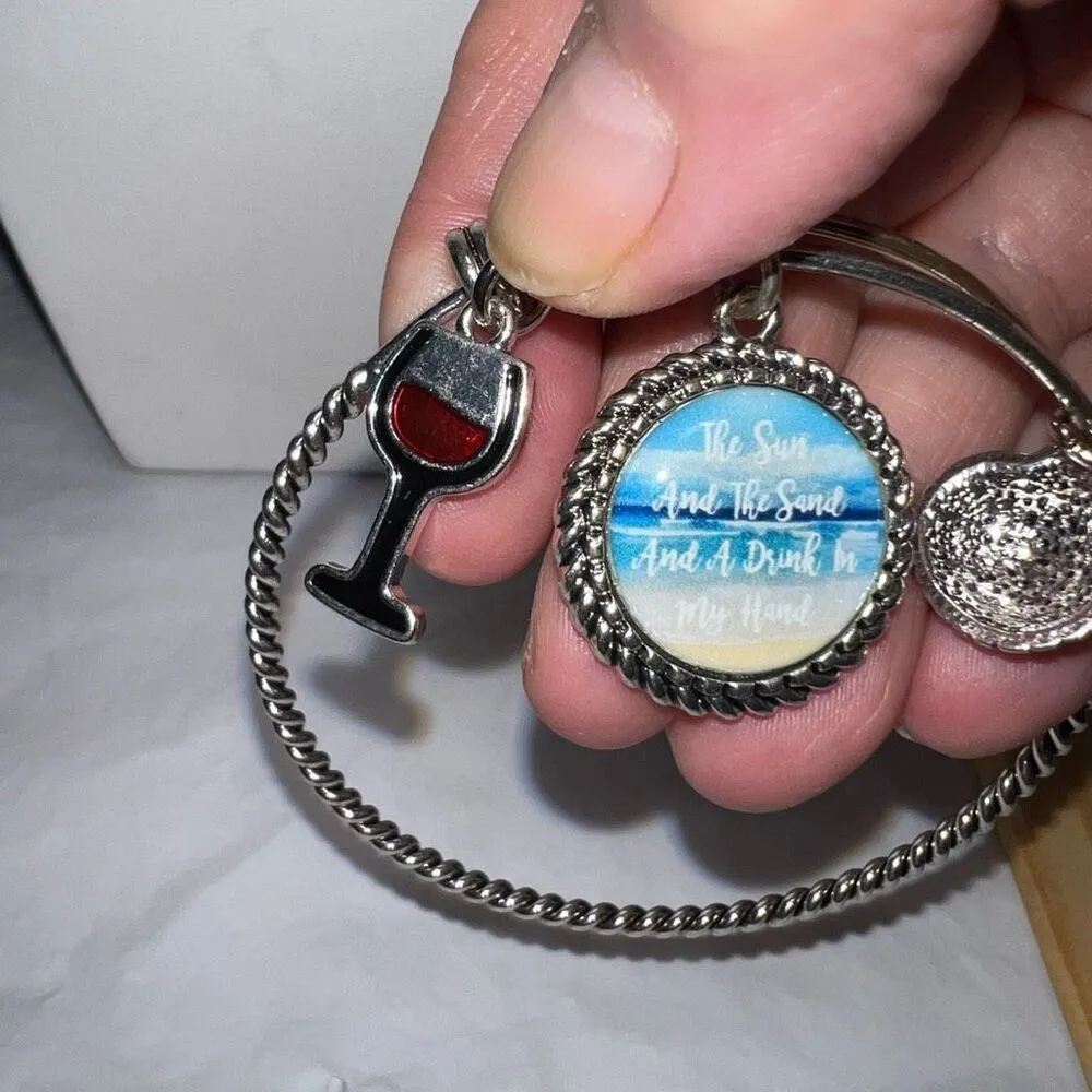 Silver Tone “The Sun and The Sand and a Drink in My Hand” Charm Bangle Bracelet Silver - Image 3
