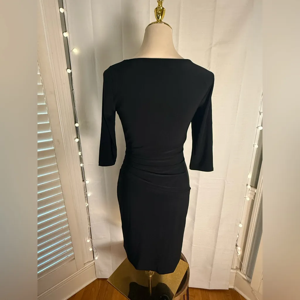 White House Black Market Black Ruched Sheath Dress XS 3/4 Sleeve Knee Length - Image 3