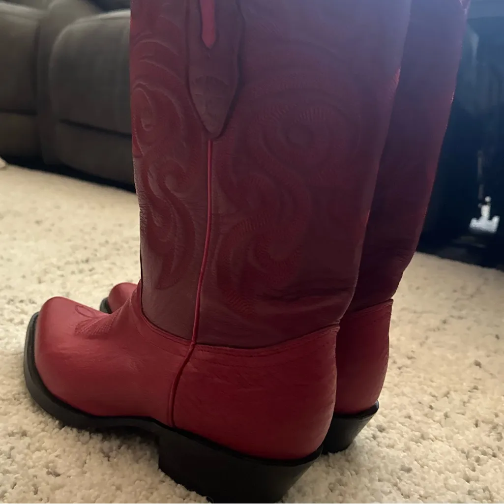 Vintage Los Altos Leather Ostrich Cowboy Boots Size 8.5M 9.5W in Red - Image 4