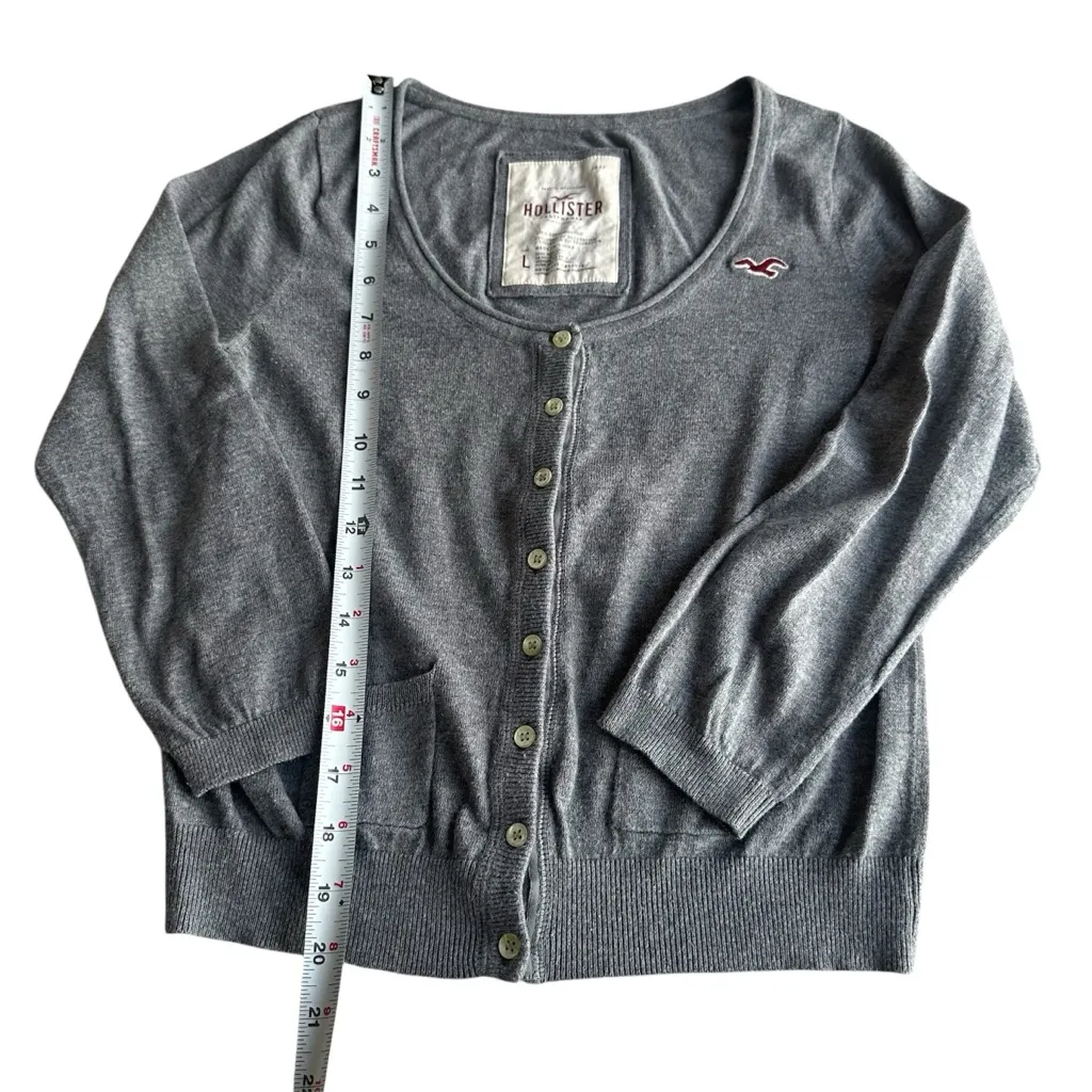 Y2K Hollister Sweater Women large Gray Button Cardigan Pockets Logo Preppy Soft - Image 2