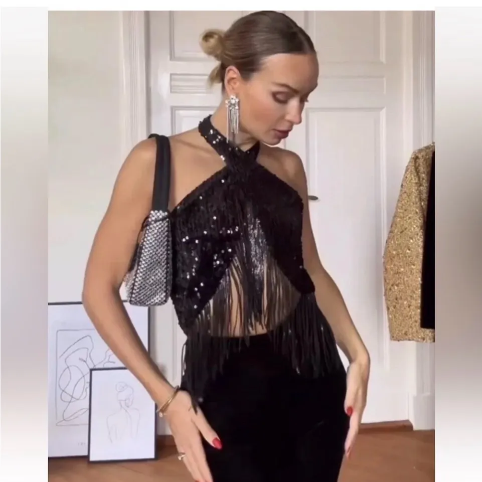 Zara blogger favorite velvet fringe sequence halter Black Women's Jumpsuit - Image 2