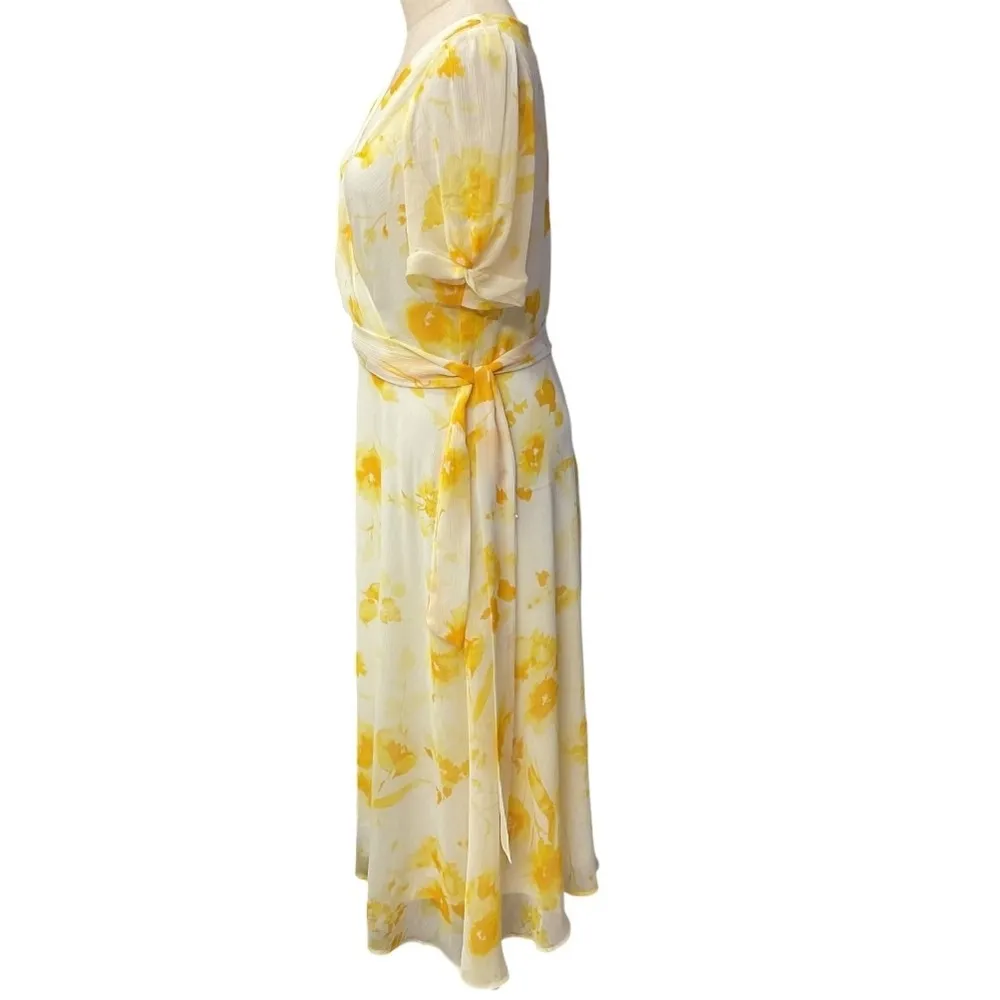 DKNY Women's Yellow Floral Chiffon Faux Wrap Dress Size 10 Short Sleeve‎ Cottage - Image 5