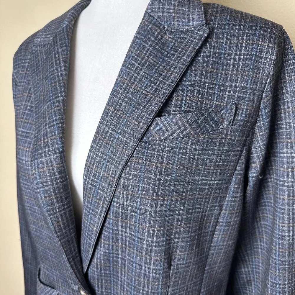 NORDSTROM Wit & Wisdom Plaid Grey Blue One Button Blazer Jacket Size Small - Image 3