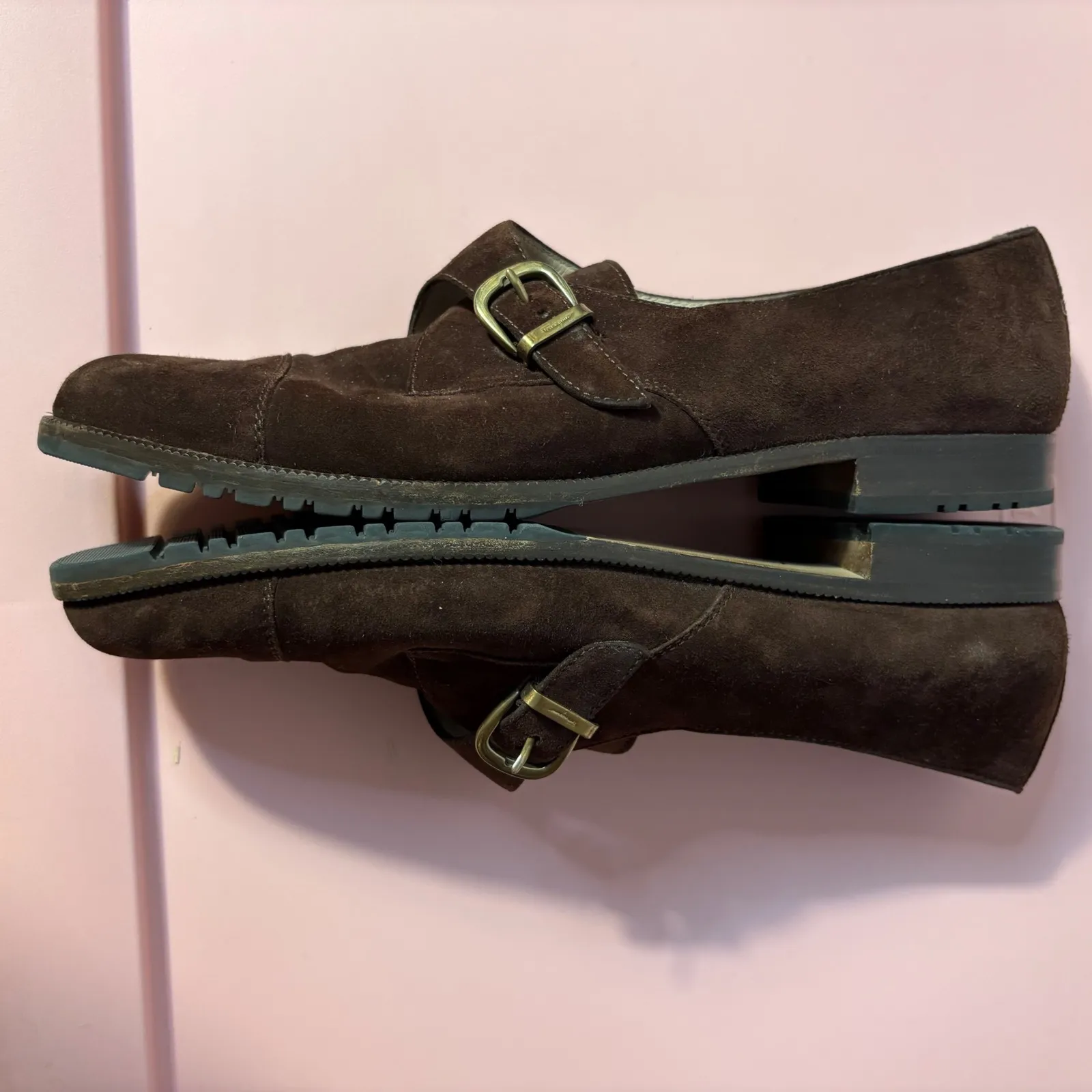 Salvatore Ferragamo Monk Strap Suede Loafers women's Size 9 AAA Brown Italy VTG - Image 6