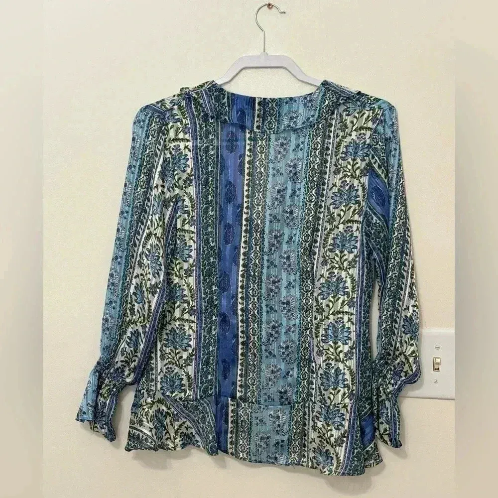 ZARA Patchwork‎ Print Ruffle V Neck Sheer - Image 6