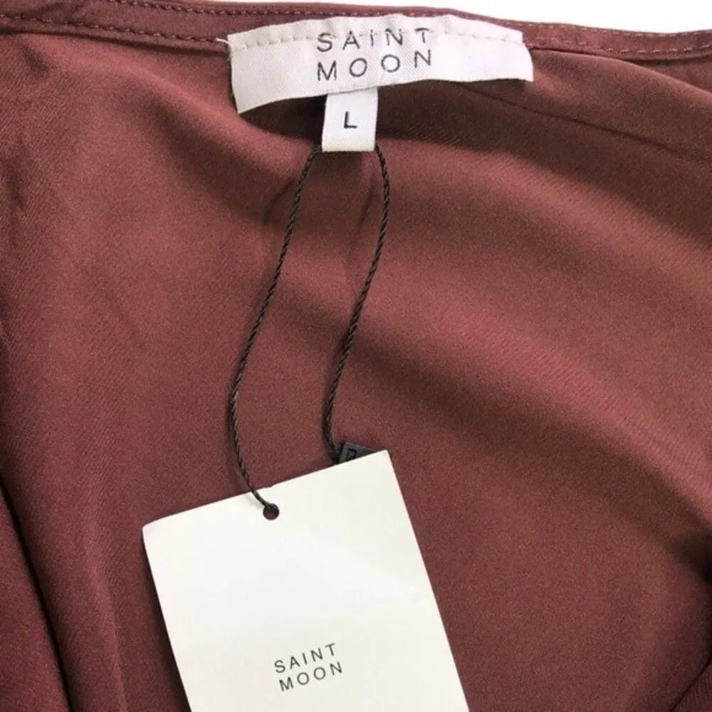 Saint Moon Satin Silky Asymmetric draped Open Back Mini Dress Brown Size L - Image 7