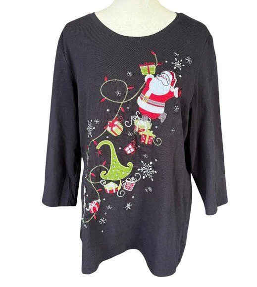 Christopher & Banks black 3/4 sleeve stretchy embellished Christmas winter top L - Image 1