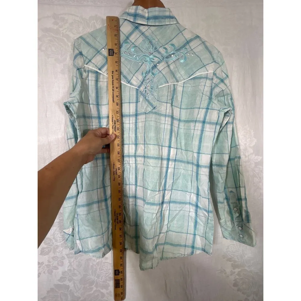 Cowgirl Up Pearl Snap Large NEW Blue Plaid Embroidered Studded Western - Image 12