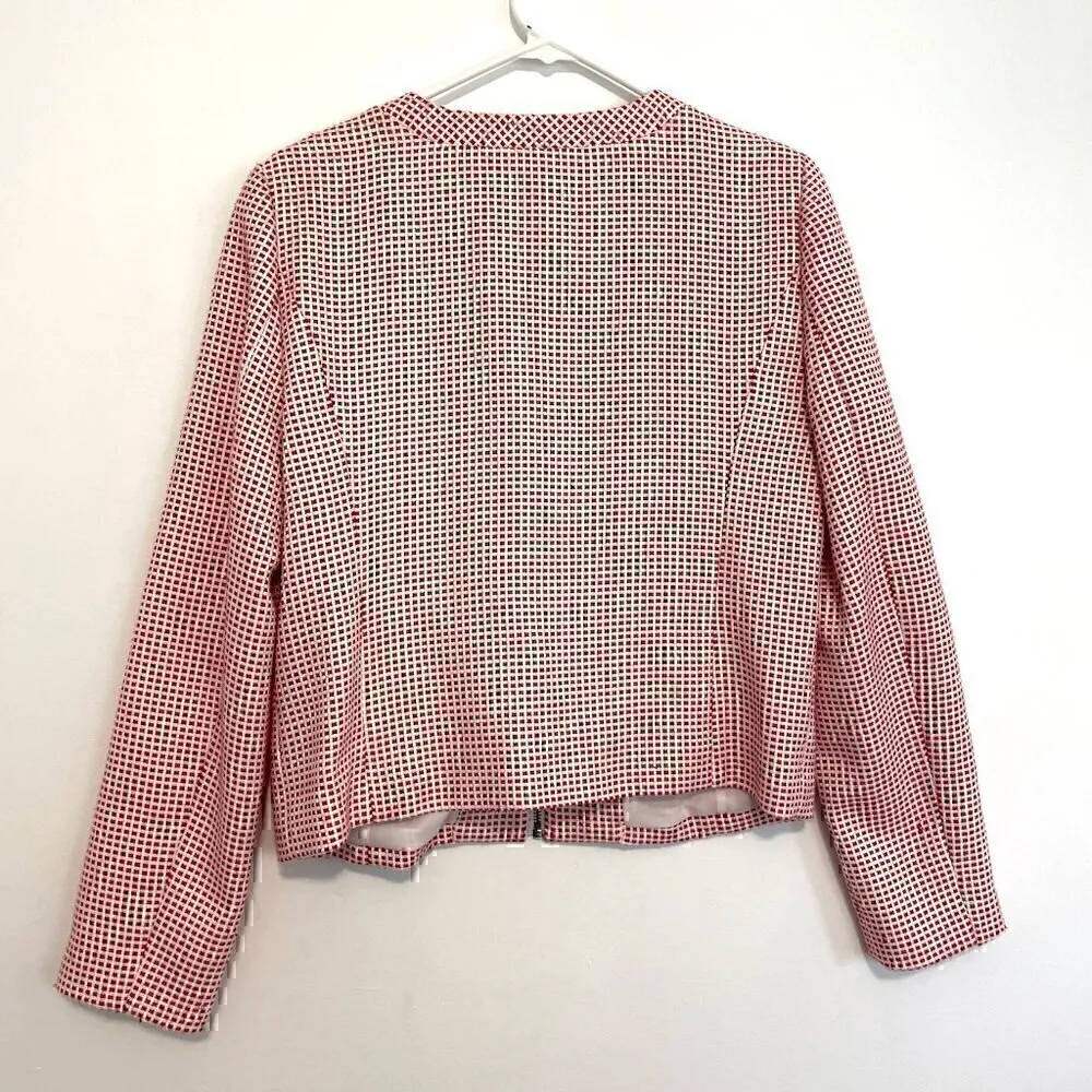 HALOGEN Zip Front Collarless Tweed Jacket Red White Checkered Geo Preppy Office - Image 10