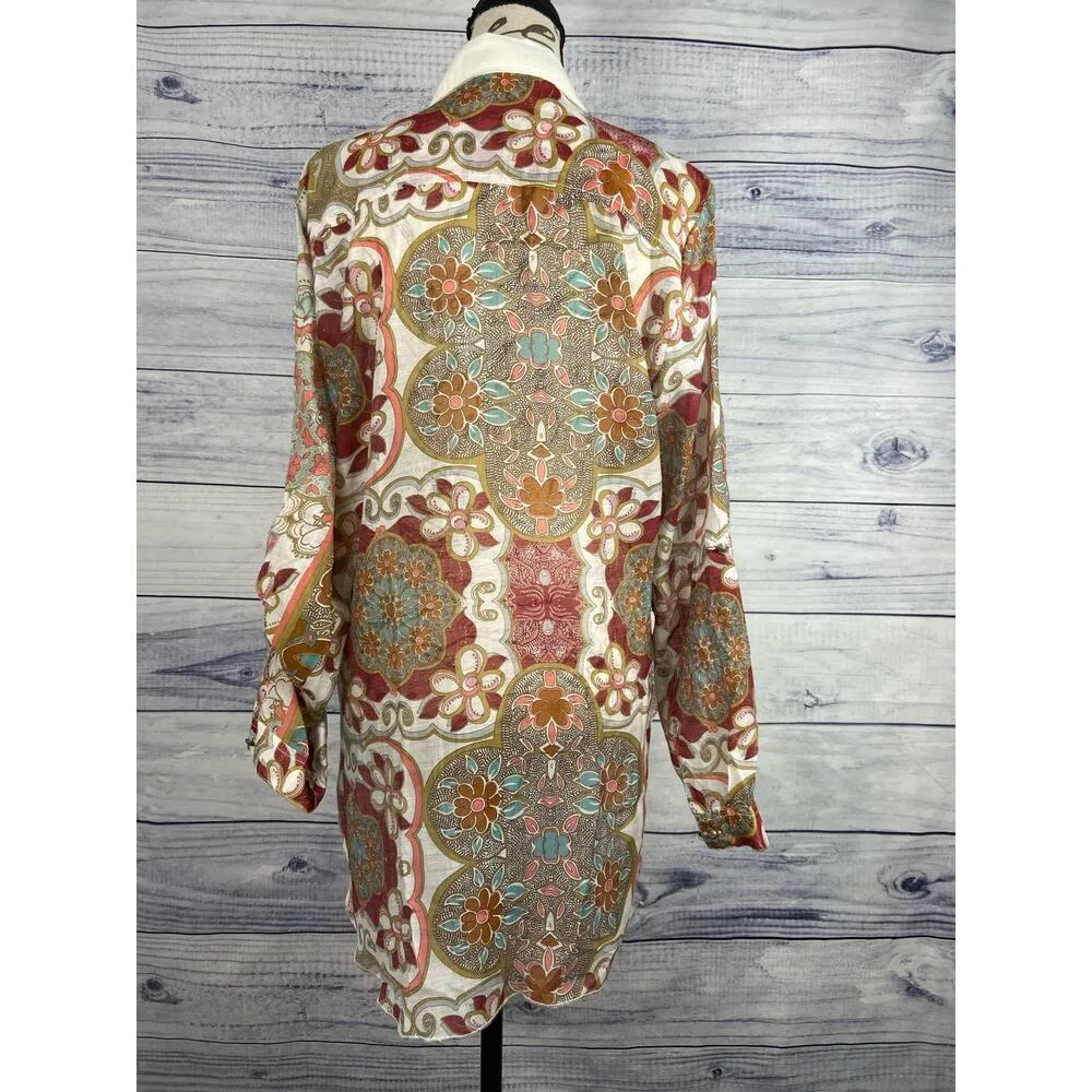 Cyrena Embroidered Button Front Shirt Womens S Floral Beaded Sequin Boho Hi Low - Image 3