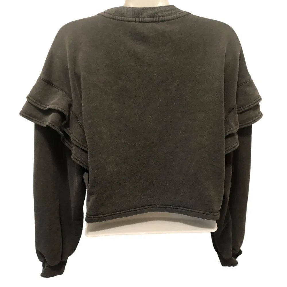 7 For All Mankind Ruffled Shoulder Crop Sweatshirt Sz. S Gray Raw Seams Casual - Image 5