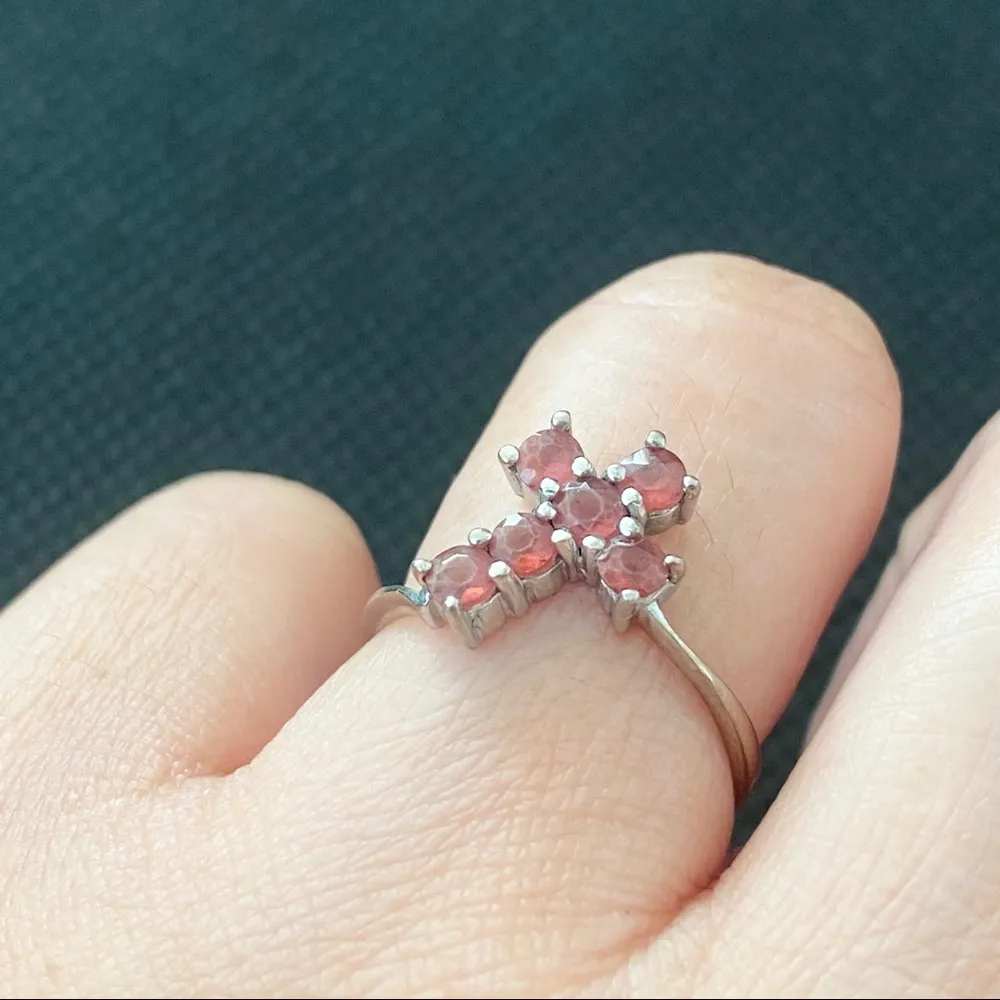 Sterling Silver 925  Signed Garnet Cross Ring 7 - Image 6