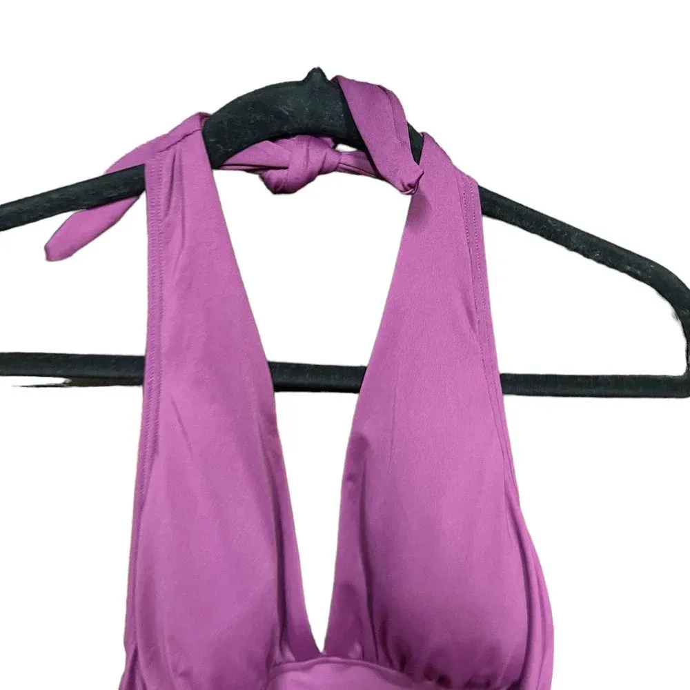Kate Spade Belted‎ Plunging Halter One-Piece Swimsuit Cabarnet Purple Size Small - Image 5