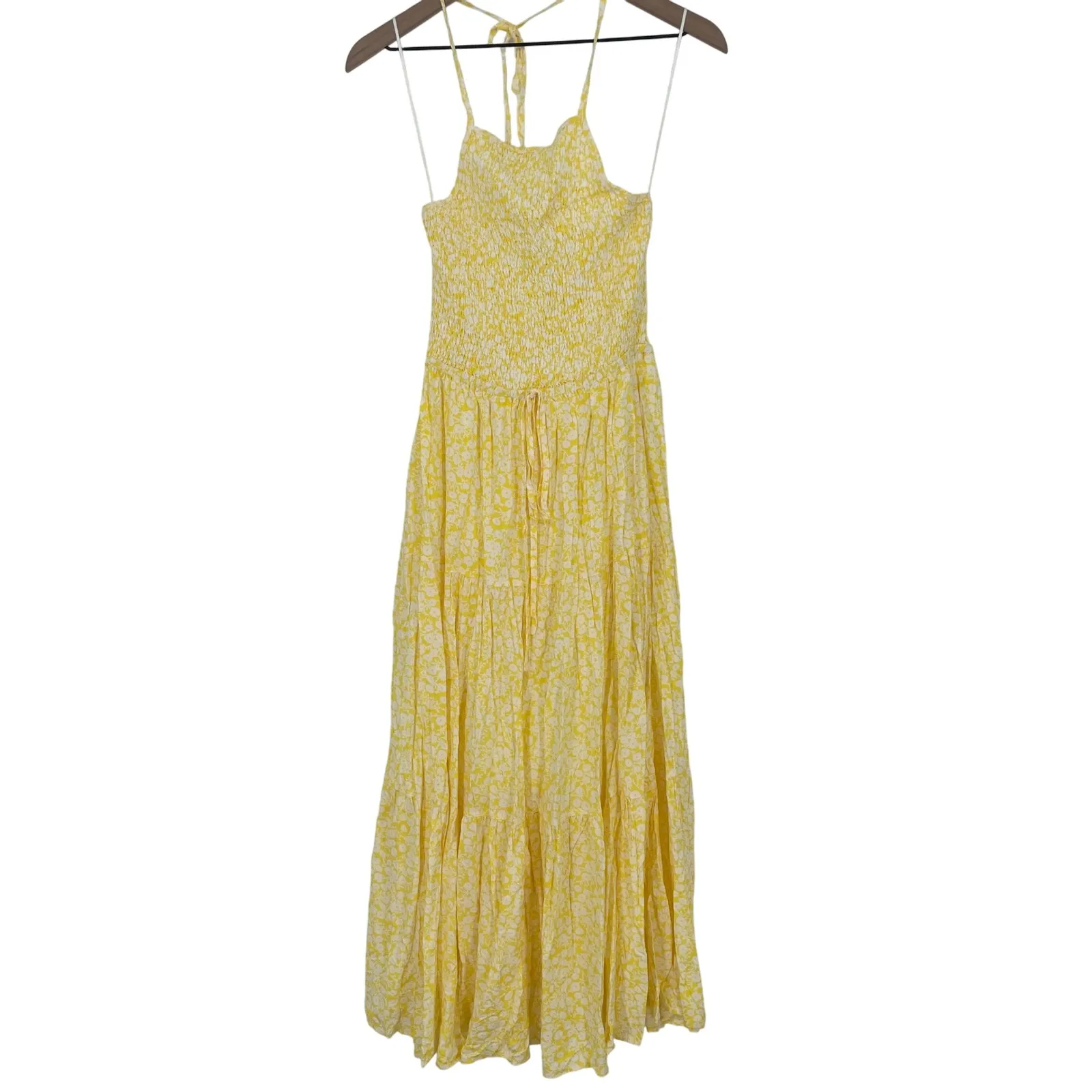 LOST WANDER Yellow White Floral Smocked Halter Maxi Dress XS - Image 2