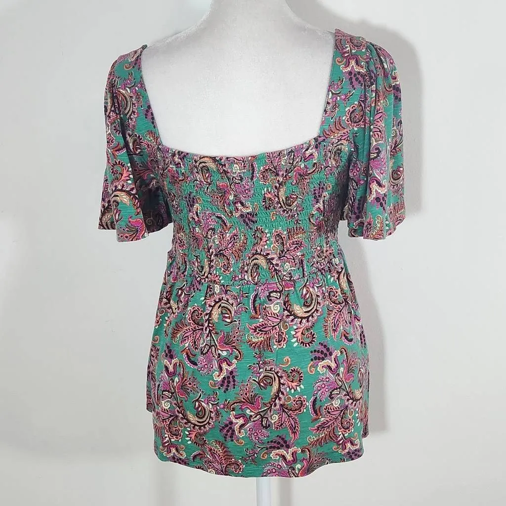 Fat Face Green and Pink Paisley Boho Smocked Top with Square Neckline NWT Size 4 - Image 5