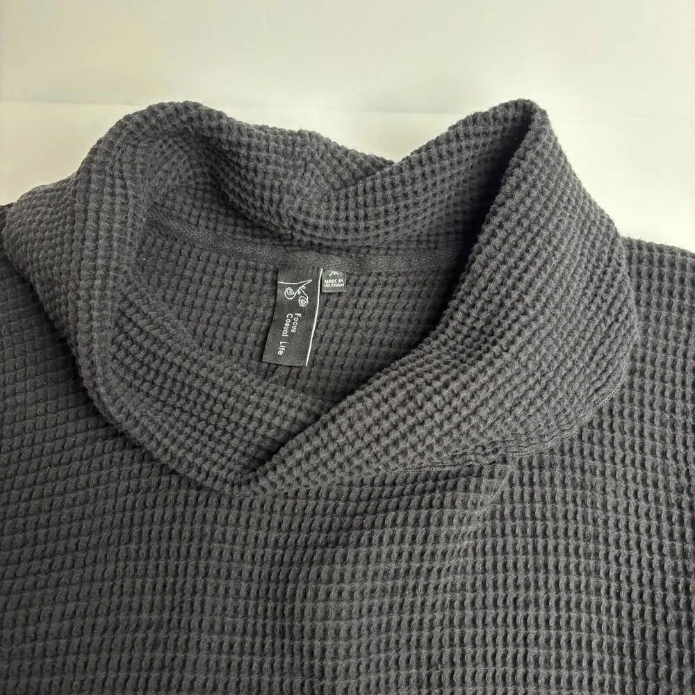 Focus Black Waffle Knit Cowl Neck Sweatshirt Top Kangaroo Pocket Lounge Beach M Size M - Image 5