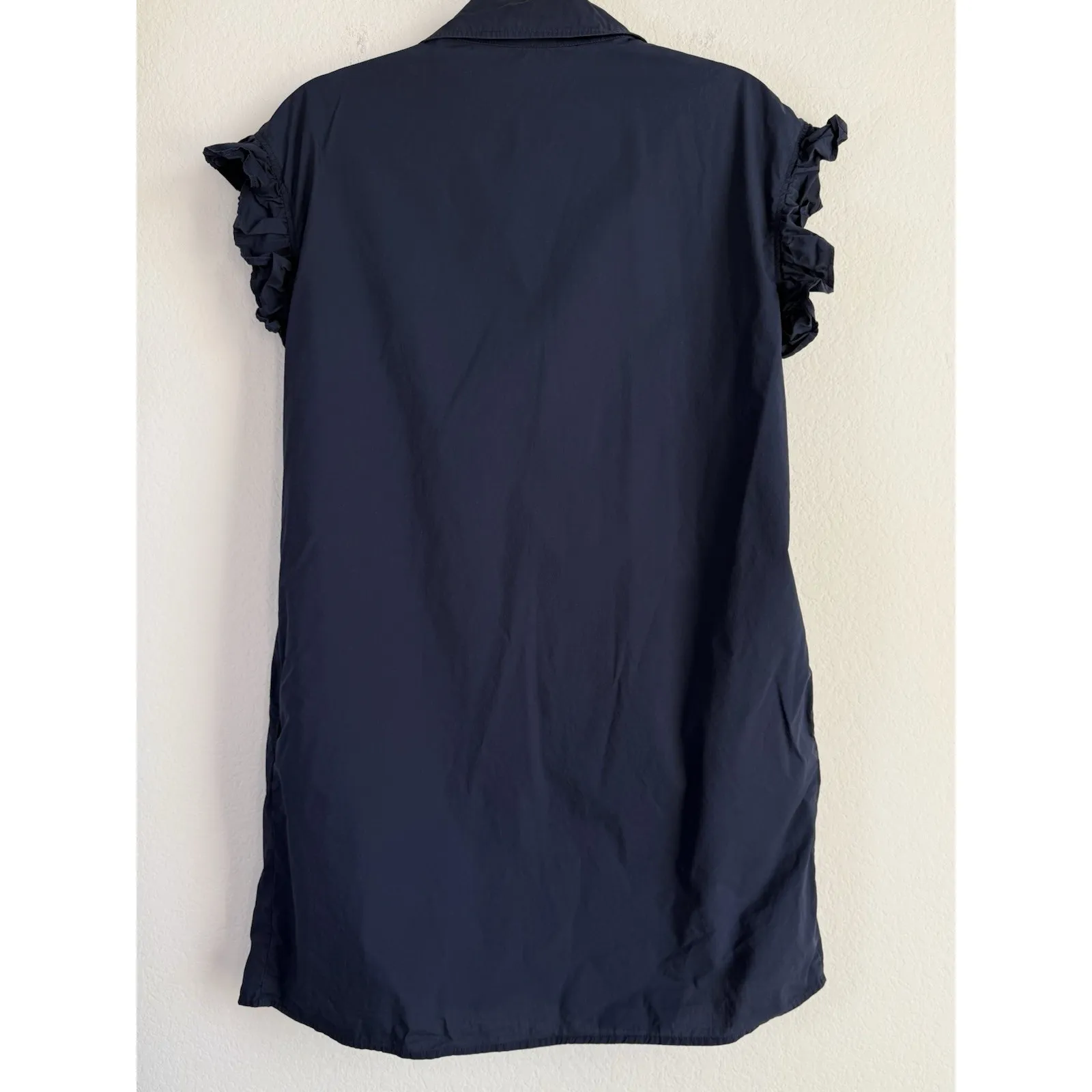 Avara Dress Women's Large Navy Button Up Ruffle Sleeve Smocked Yoke Pockets Blue - Image 8