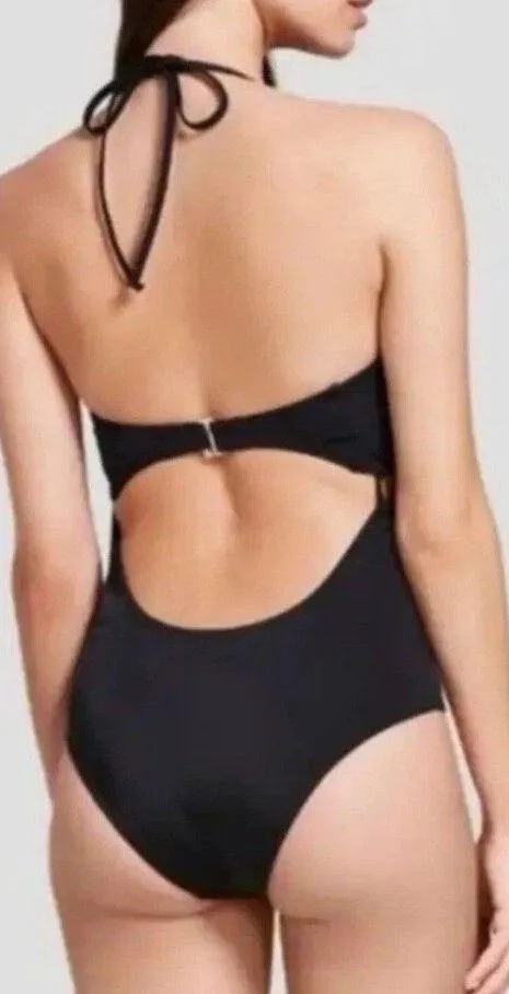 Shade & Shore Black plunge Halter One piece Swimsuit 34C NWT Peekaboo Woven Sexy - Image 2