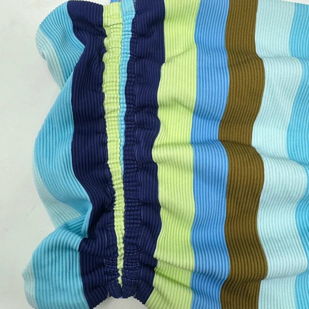 Aerie Ribbed Long Line Bandeau Bikini Top Ruched Striped Blue Yellow Size M NEW - Image 7