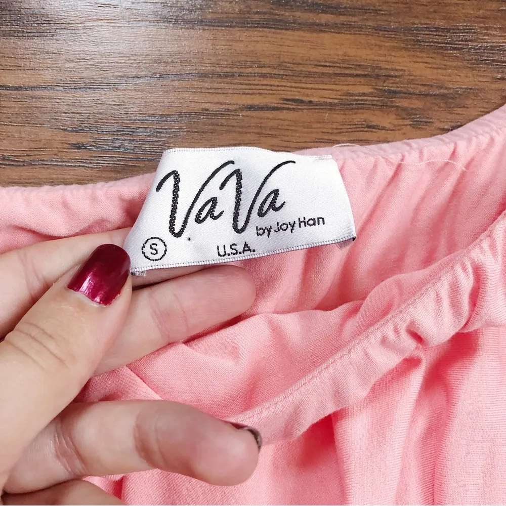 VaVa by Joy Han • Addina Top ruffle flounce off shoulder jersey knit Peach - Image 4