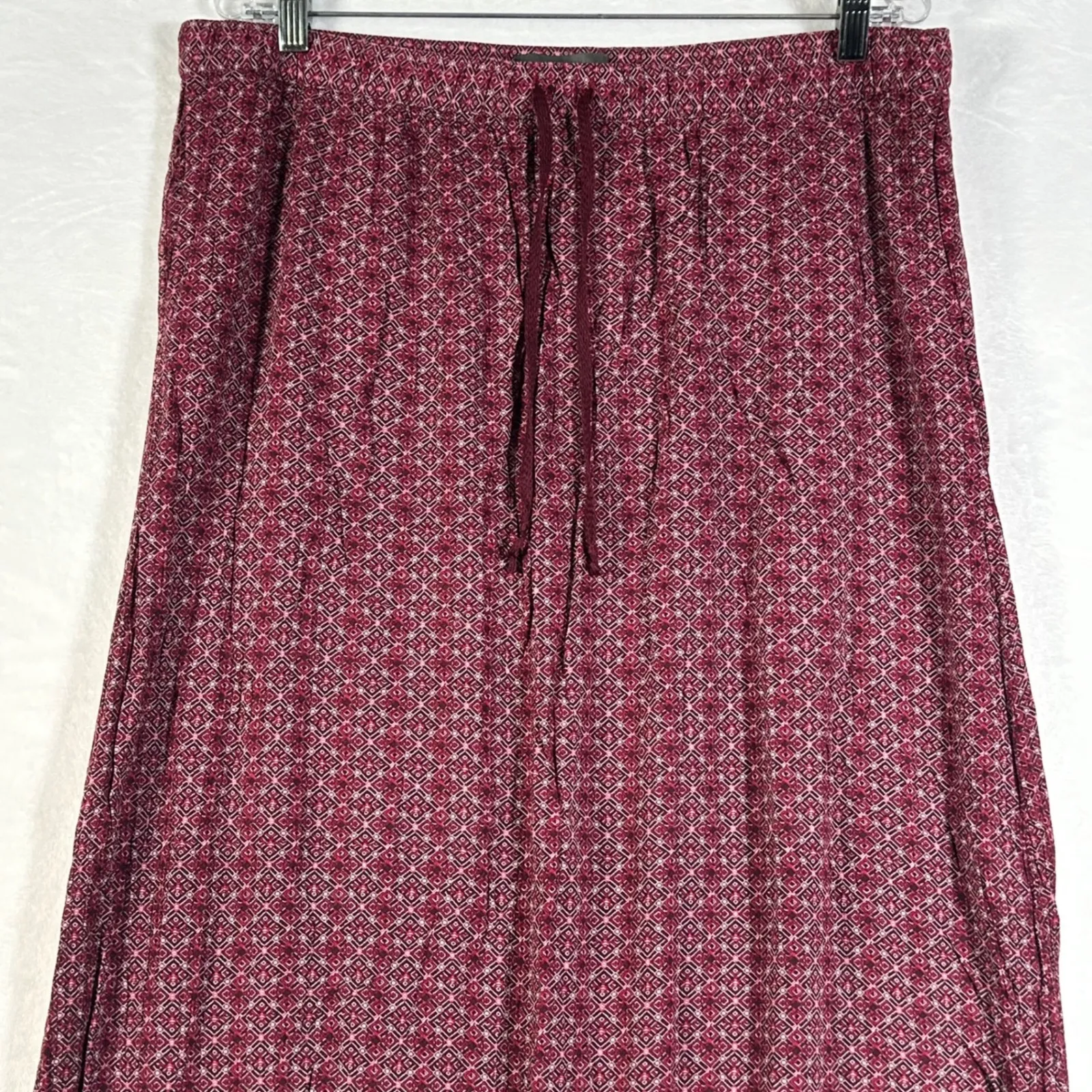 Eddie Bauer Burgundy Red Geometric Print Maxi Skirt Size L Drawstring Waist Slit - Image 6