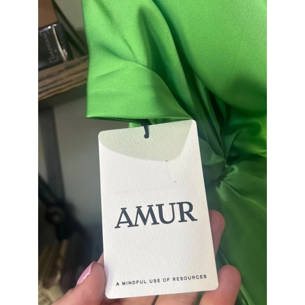 AMUR Deena One Shoulder Satin Evening Gown Green Daylily Womens Size 10 - Image 9