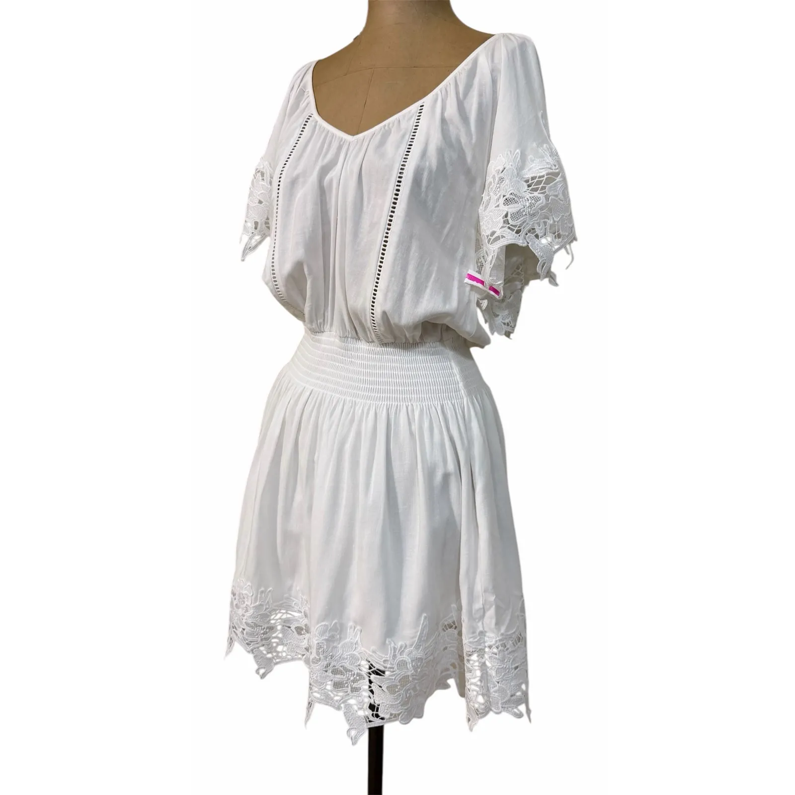 Ramy Brook Mini Dress Jacy Linen Blend Embroidered Lace Trim Smocked Waist - Image 5