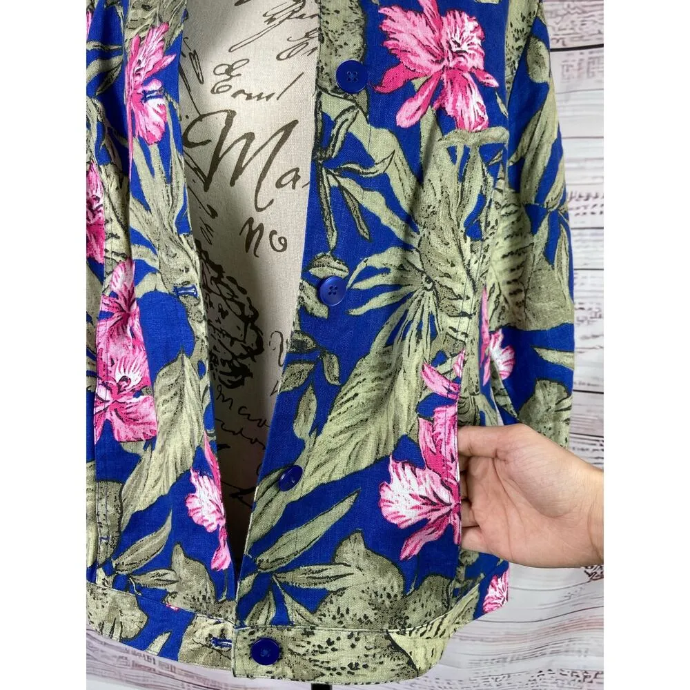 Chicos 1 Tahiti Tropis Linen Jacket Women M Button Front Side Pocket Long Sleeve - Image 7