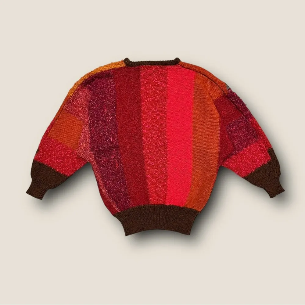 ★ Vintage 80s Patchwork Color Block Knitted Leaf Pattern Sweater from 20 Ans ★ Red Size M - Image 3