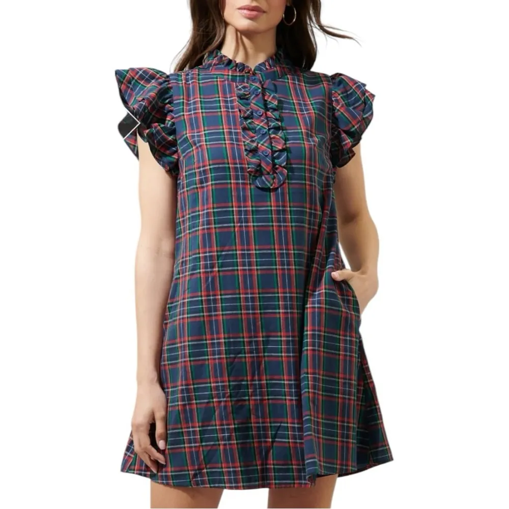 Sugarlips Chapman Plaid Shift Mini Dress size 2X Navy Belted Ruffle Trim Sleeves - Image 2