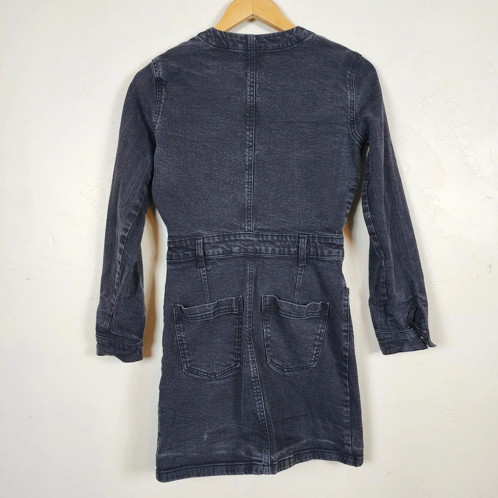 ZARA Washed Black Denim Dress Pockets Belted Mini Small Grunge Streetwear - Image 2