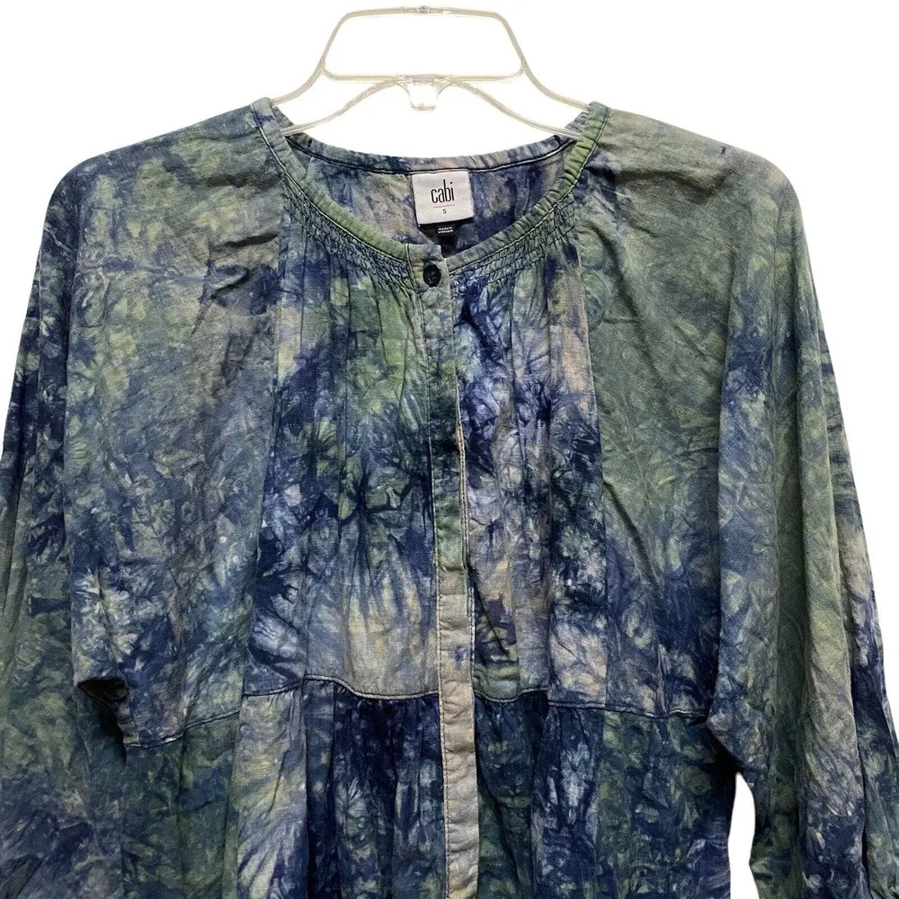 CAbi Woodstock Linen Blend Tie Dye Oversized Tunic Top Blouse Blue Green Small - Image 2