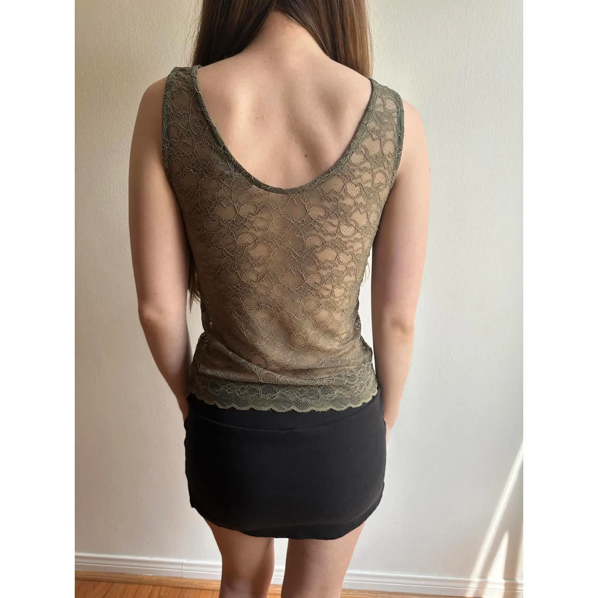 Dark Green Lace Overlay Sheer V Neck Vest Top Size M - Image 4