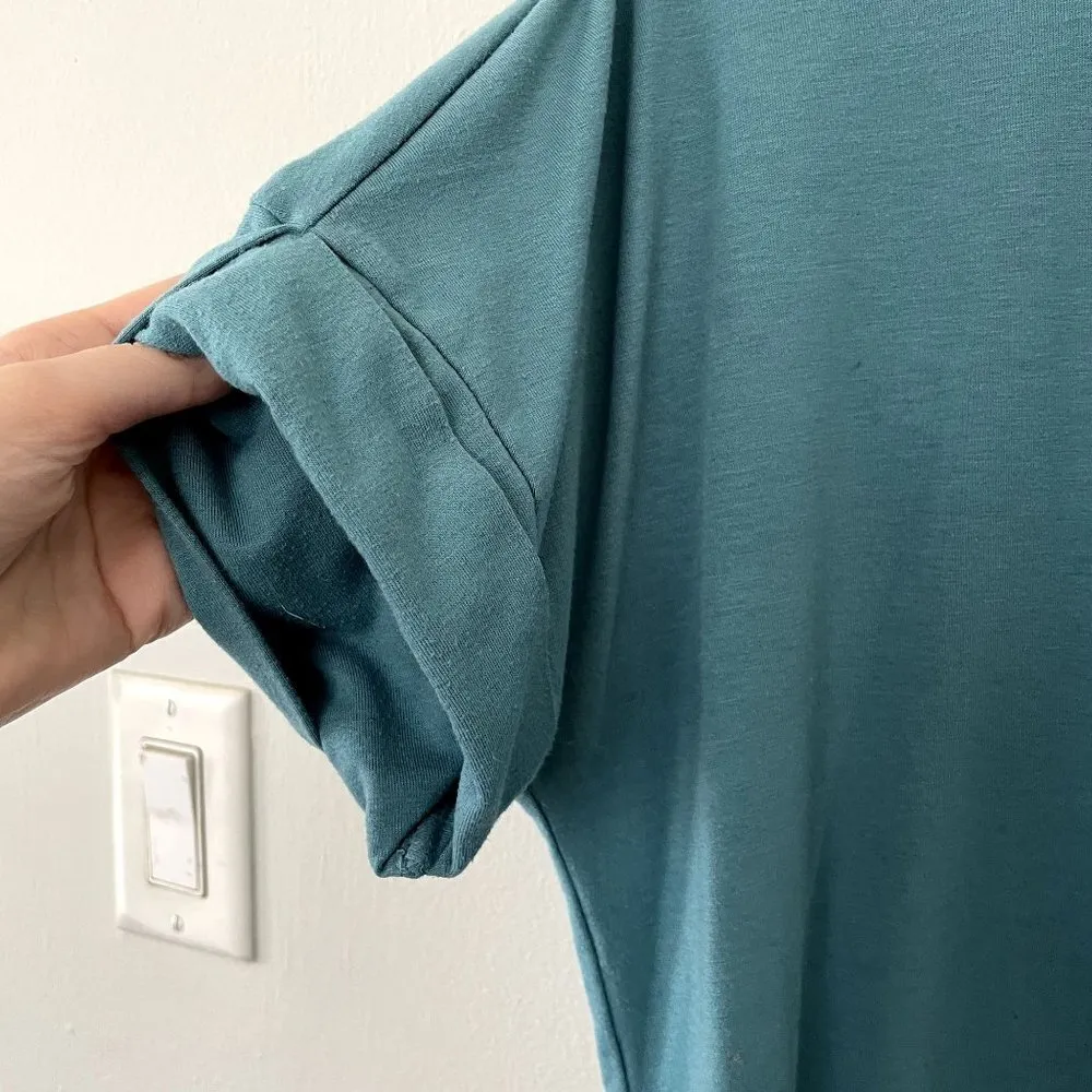 Zenana blue green turquoise short sleeved long shirt slit women size small - Image 4