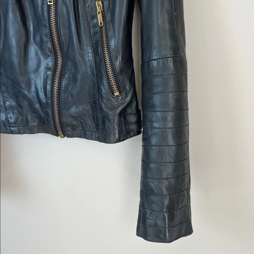 MNG Mango Sheep Leather Biker Jacket Studded Gold Black Rock Sz XS 90s - Image 3