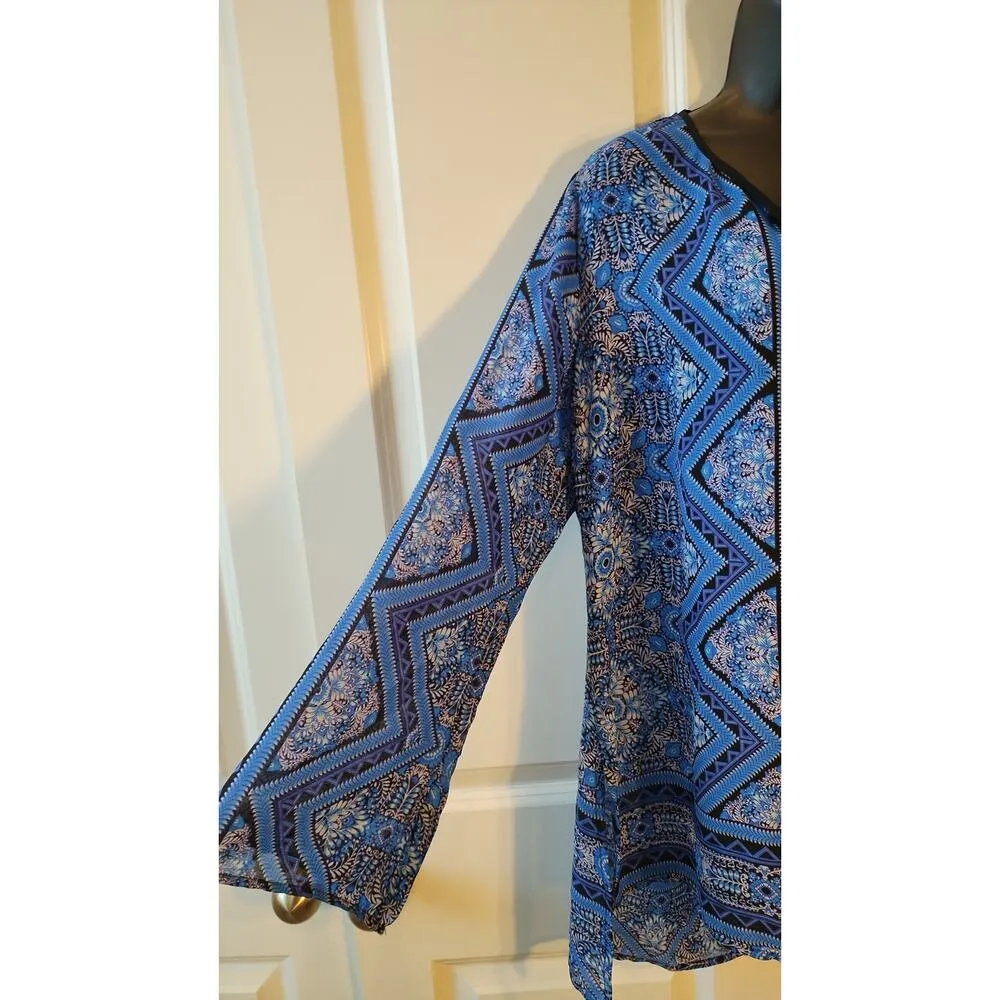 Nine West Blue/Black & white semi sheer Tunic Blouse neck tassel size Large - Image 3